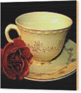 Red Rose On Antique Saucer With Matching Tea Cup Abstract Effect Wood Print