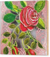 Red Rose Watercolor Mixed Medium Wood Print