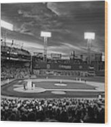 Red Sky Over Fenway Park Boston Ma Black And White Wood Print
