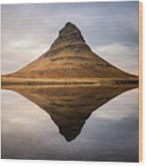 Reflection Of Kirkjufell Mountain In Iceland Wood Print