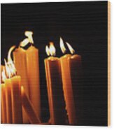 Religious Candles On Black Background. Yellow Candlelight F Wood Print