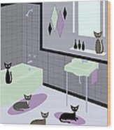 Retro Bathroom With Five Cats Wood Print