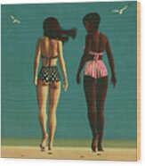 Retro Painting Of Girls Walking On The Beach Wood Print