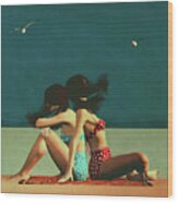 Retro Style Painting Of Two Girls On The Beach Wood Print