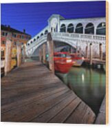 Rialto Bridge At Night Wood Print