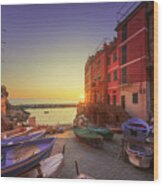 Riomaggiore, Boats In The Street At Sunset. Cinque Terre Wood Print