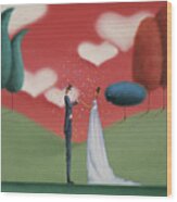 Romantic Bride And Groom Standing Face To Face Wood Print