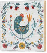 Rooster Bird Folk Art, Scandinavian Folk Floral Ornate Frame Wood Print