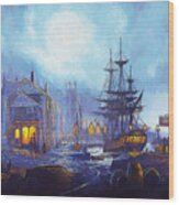 Sailboat In Old Harbor Wood Print