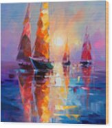 Sailboats In A Calm Sunset Wood Print