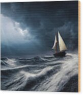Sailing Ship On Ocean In Stormy Weather 04 Wood Print