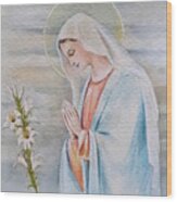 Saint Mary With Lily Wood Print