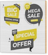 Sale Tag And Banner Icon Set. Special Offer, Big Sale, Discount, Mega Sale And Online Shopping Banner Template Vector Design On White Background. Wood Print