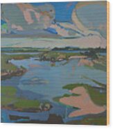 Salt Marshes On The Isle Of Juist Painting North Sea Sky Low Tid Wood Print