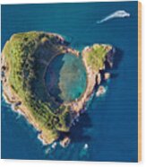 San Miguel Island, Azores, Portugal. Top View Of Islet Of Vila Franca Do Campo.  Azores Aerial Panoramic View. Crater Of An Old Underwater Volcano. Bird Eye View. Wood Print