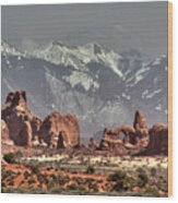 Sandstone Formations And Turret Arch Vista In Arches National Park With La Sal Mountains Behind Wood Print
