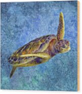 Sea Turtle 2 On Blue Wood Print