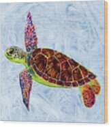 Sea Turtle On Blue Wood Print