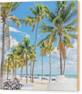 Seafront Beach Promenade With Palm Trees On A Sunny Day In Fort Lauderdale Wood Print