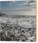 Seascape With Windy Waves Splashing On The Pebble Beach Wood Print