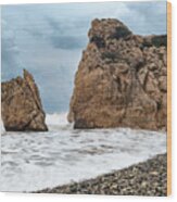 Seascapes With Windy Waves. Rock Of Aphrodite Paphos Cyprus Wood Print