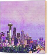 Seattle City Skyline At Dawn Watercolor Painting Wood Print