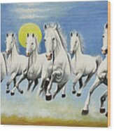Seven Running White Horse Animals Painting Artistic Canvas Art Wood Print