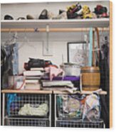 Shoes And Clothes In Closet, Close-up Wood Print