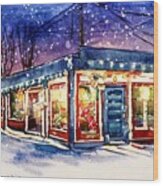 Shops Lit Up For Christmas In Ridgewood, New Jersey Wood Print