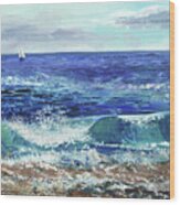 Single Boat At The Ocean Shore Seascape Wood Print