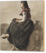 Sitting Woman On A Horse With Two Jugs. Wood Print