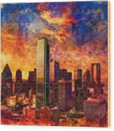 Skyline Of Downtown Dallas, Texas, At Twilight - Digital Painting Wood Print