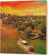 Skyline Of Downtown Fort Lauderdale Seen From The New River At Sunset - Oil Painting Wood Print