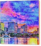 Skyline Of Downtown Orlando, Florida, Seen At Sunset From Lake Eola - Ink And Watercolor Wood Print