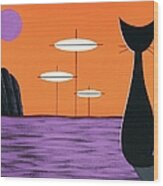 Space Cat In Orange And Purple Wood Print