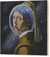 Space Girl With Pearl Earpiece, After Vermeer Wood Print