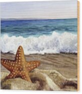 Starfish And Sea Wave Wood Print