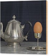 Sterling Silver Eggcup And Teapot Black Background Still Life Wood Print