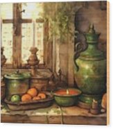 Still Life With Ceramicware Candleholders A Cat And More. L B Wood Print