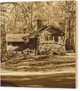Stone Cabin In The Woods Sepia Wood Print