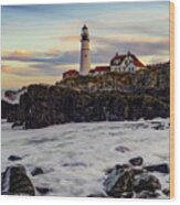 Stony Beaches Of Cape Elizabeth At Portland Head Light Wood Print