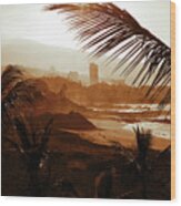 Stormy Weather With Palm Trees On The Beach In Sepia Color Wood Print