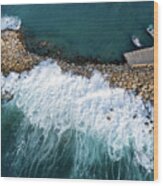 Stormy Windy Waves On The Shore. Drone Photography. Wood Print