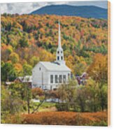 Stowe Community Church With Fall Colors Wood Print