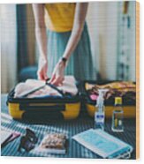 Suitcase Packing For Travel, Covid-19 Wood Print