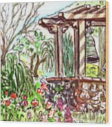 Summer Garden With Gazebo And Bells Watercolor Wood Print