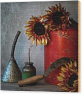 Sun Flowers On Shed Shelf Wood Print