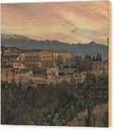 Sundown Over The Alhambra Wood Print