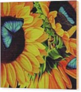 Blue Morpho Sunflower Dream Wood Print