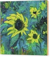 Sunflowers On Teal Wood Print